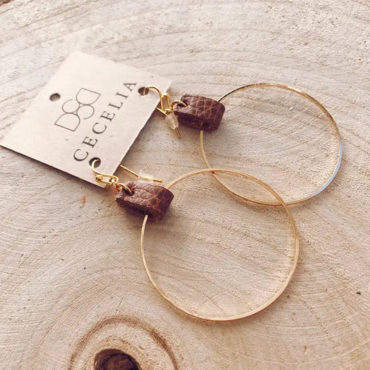 Brown Leather Gold Hoops